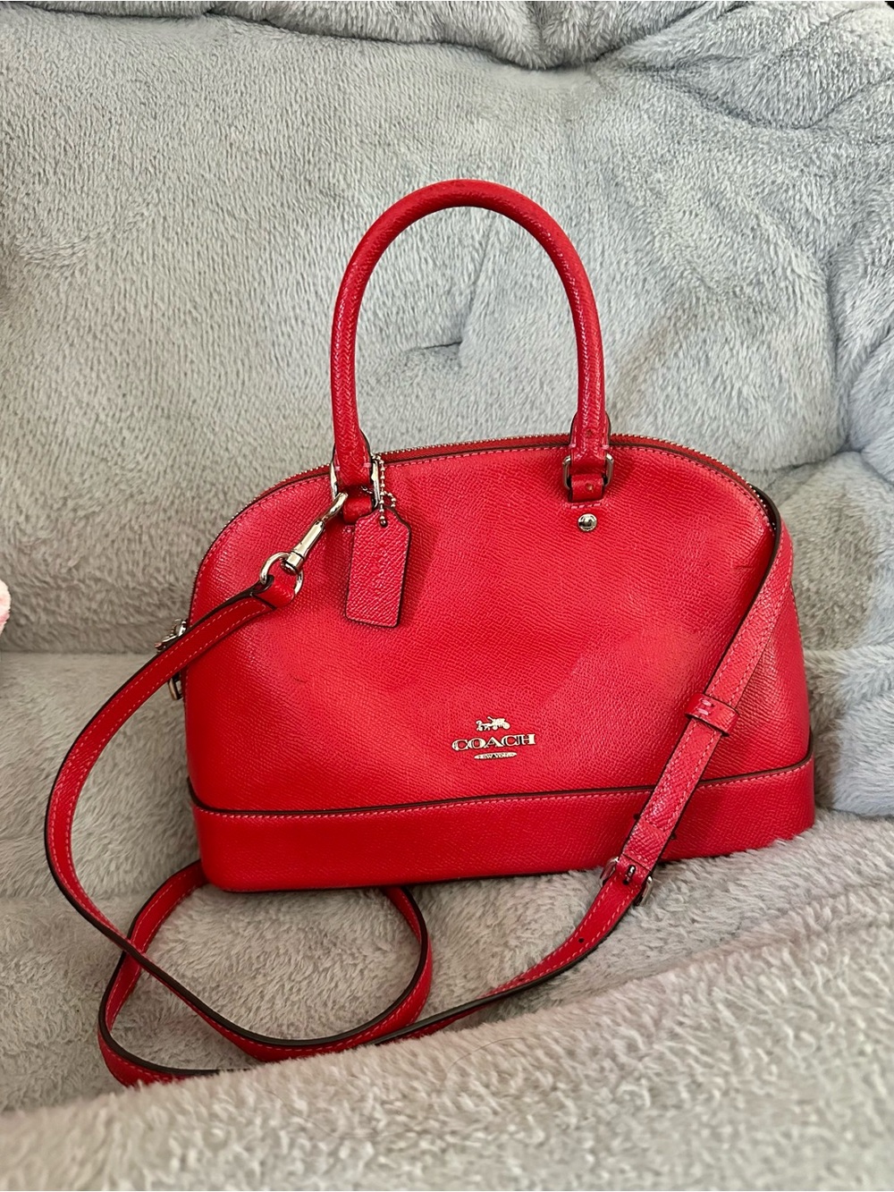 Coach Red Crossgrain Leather Mini Sierra Dome Satchel Crossbody Handbag F27591